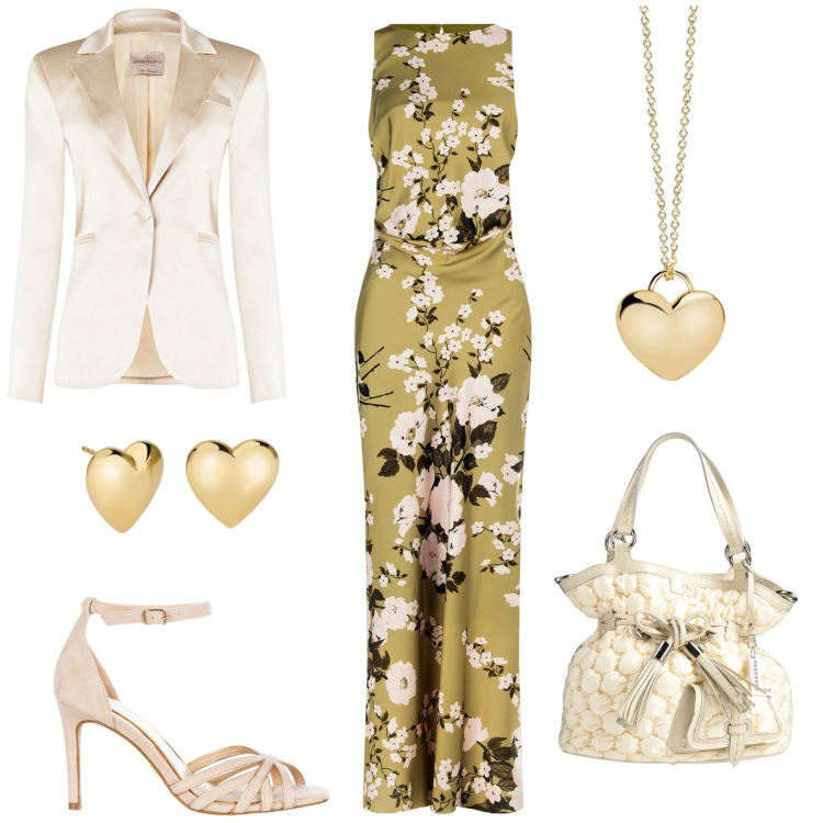 Outfit donna - Elegante per una serata primaverile. Stile Chic per Serata fuori. Abbinamento con borse a secchiello, orecchini, collane, vestiti lunghi, blazer, sandali col tacco.