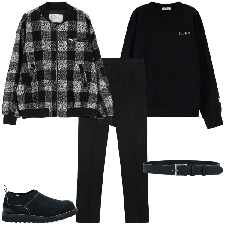 Outfit uomo - Black. Stile Casual per Tutti i giorni. Abbinamento con sneakers, bomber, cinture, felpe, pantaloni.