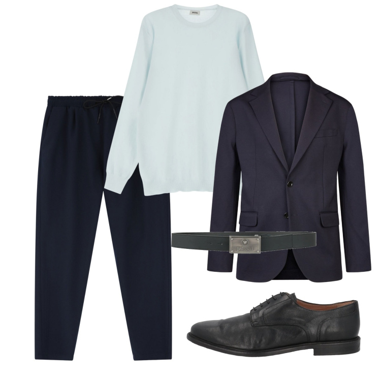 Outfit uomo - Blu e pastello. Stile Business/Elegante per Serata speciale. Abbinamento con scarpe stringate, cinture, pantaloni, maglieria, giacche.