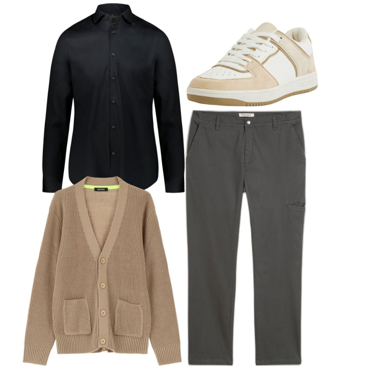 Outfit uomo - City. Stile Casual per Tutti i giorni. Abbinamento con pantaloni, sneakers, cardigans, camicie.