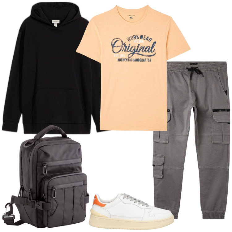 Outfit uomo - Workwear. Stile Casual per Tutti i giorni. Abbinamento con felpe con cappuccio, sneakers, t-shirt, pantaloni cargo, borse sportive.