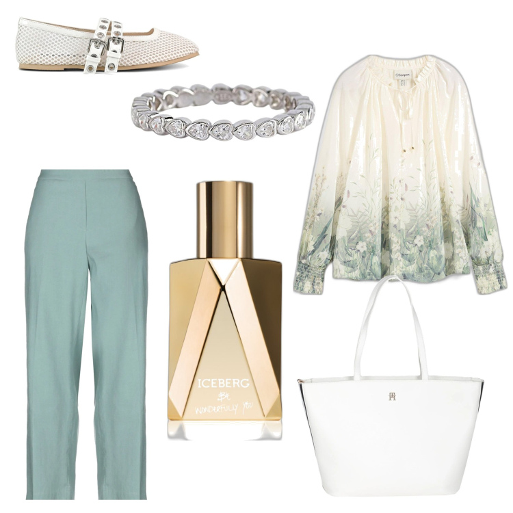 Outfit donna - Arriva la primavera. Stile Casual chic per Ufficio. Abbinamento con bluse, pantaloni, borse a mano, profumi, anelli, ballerine.