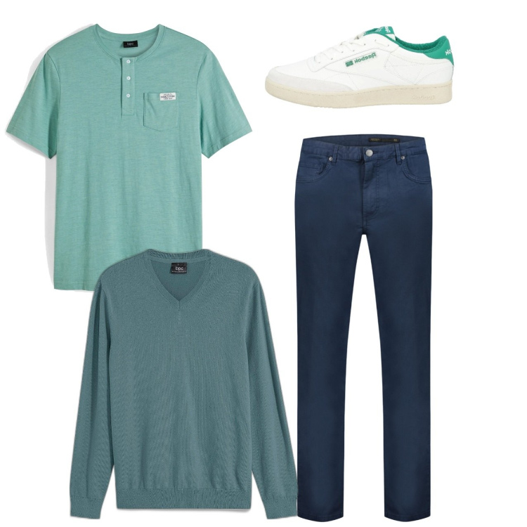 Outfit uomo - City. Stile Casual per Tutti i giorni. Abbinamento con maglieria, maglieria, sneakers, pantaloni.