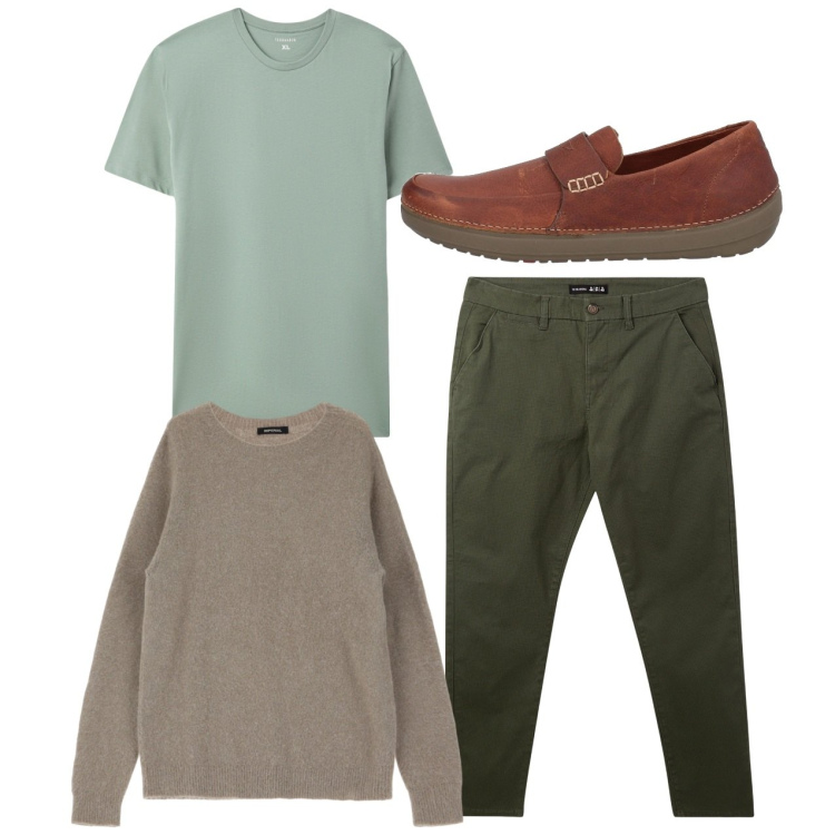 Outfit uomo - City. Stile Casual per Tutti i giorni. Abbinamento con scarpe stringate, pantaloni chino, t-shirt, maglieria.