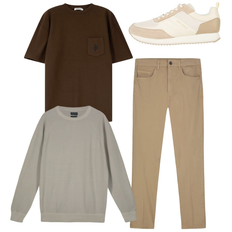 Outfit uomo - City. Stile Casual per Tutti i giorni. Abbinamento con sneakers, t-shirt, pantaloni, maglieria.