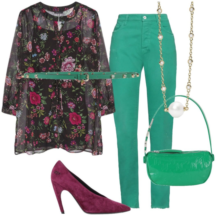 Outfit donna - Fiori sulla blusa. Stile Chic per Serata fuori. Abbinamento con pantaloni, cinture, borse a mano, décolleté, collane, camicie.