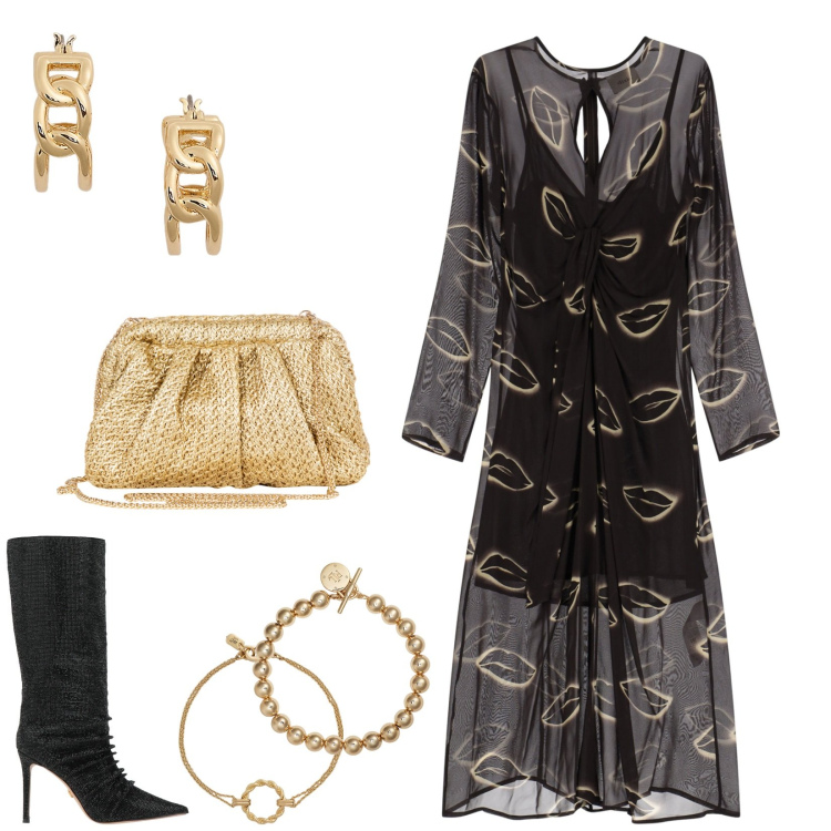 Outfit donna - Serata da notare. Stile Chic per Serata fuori. Abbinamento con stivali, clutch, vestiti, braccialetti, braccialetti, orecchini.