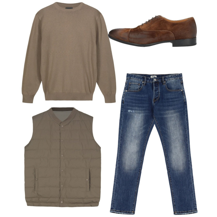 Outfit uomo - City. Stile Casual per Tutti i giorni. Abbinamento con scarpe stringate, jeans dritti, gilet, maglieria.