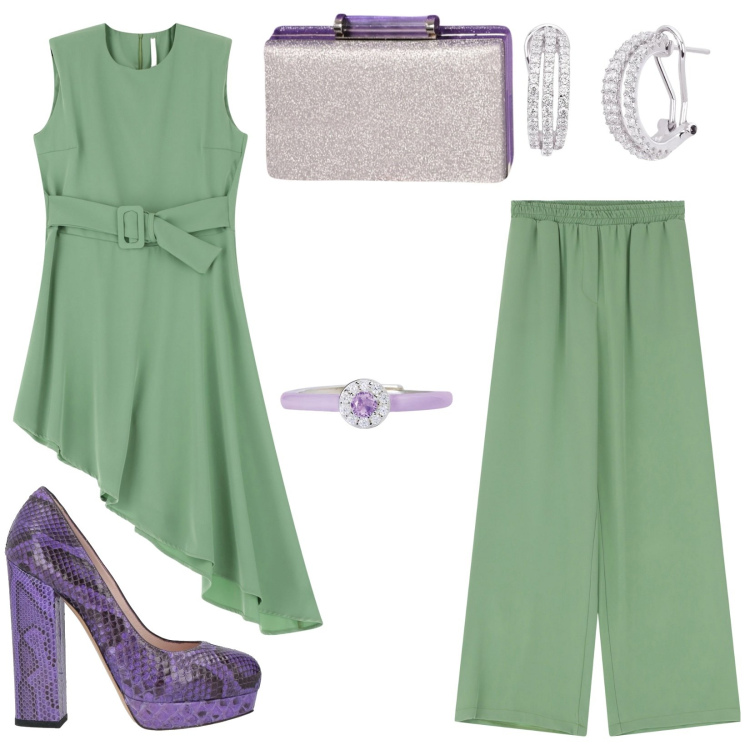Outfit donna - Verde tenero e lilla. Abbinamento con décolleté, orecchini, anelli, pochette, vestiti corti, pantaloni a palazzo.