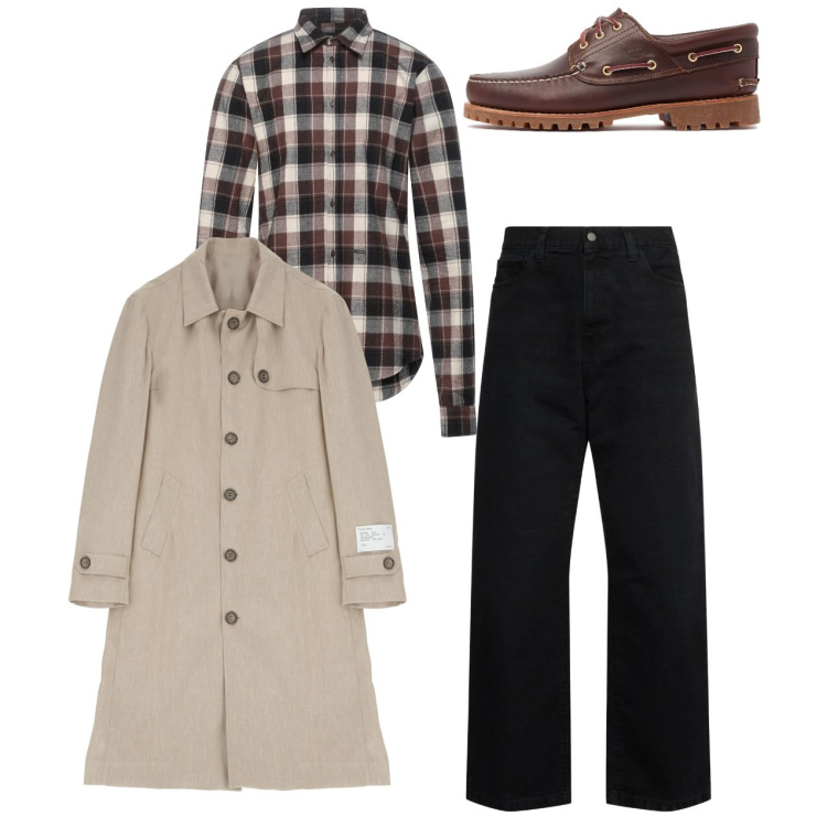 Outfit uomo - Il trench. Stile Trendy per Tutti i giorni. Abbinamento con camicie, trench, pantaloni, scarpe stringate.