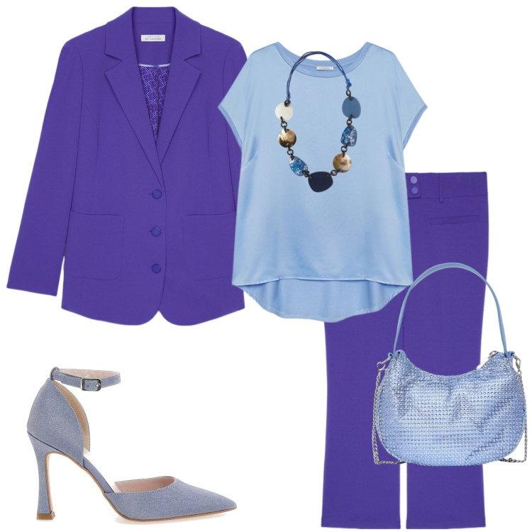 Outfit donna - La stagione dei colori. Stile Chic per Cerimonia. Abbinamento con borse a spalla, décolleté, blazer, bluse, pantaloni, collane.