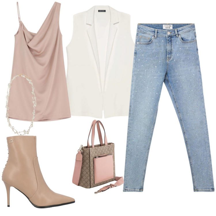 Outfit donna - Primavera Chic. Stile Casual chic per Tutti i giorni. Abbinamento con stivaletti, gilet, collane, jeans skinny, vestiti asimmetrici, borse a mano.