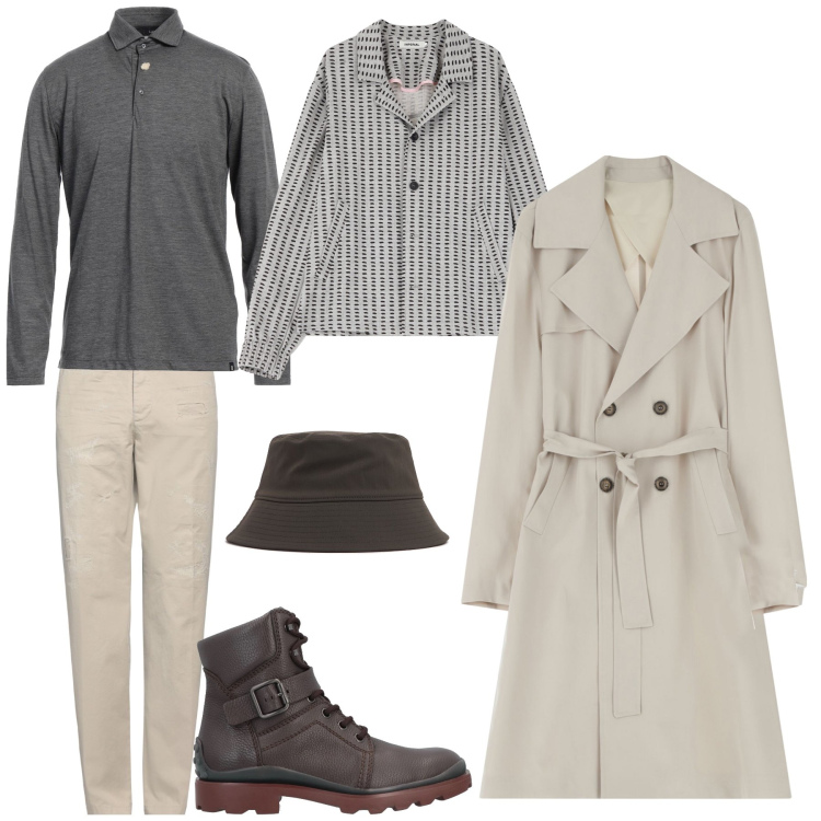 Outfit uomo - Per Una grigia giornata. Stile Urban per Tutti i giorni. Abbinamento con anfibi, pantaloni, polo, cappotti, trench, cappelli.