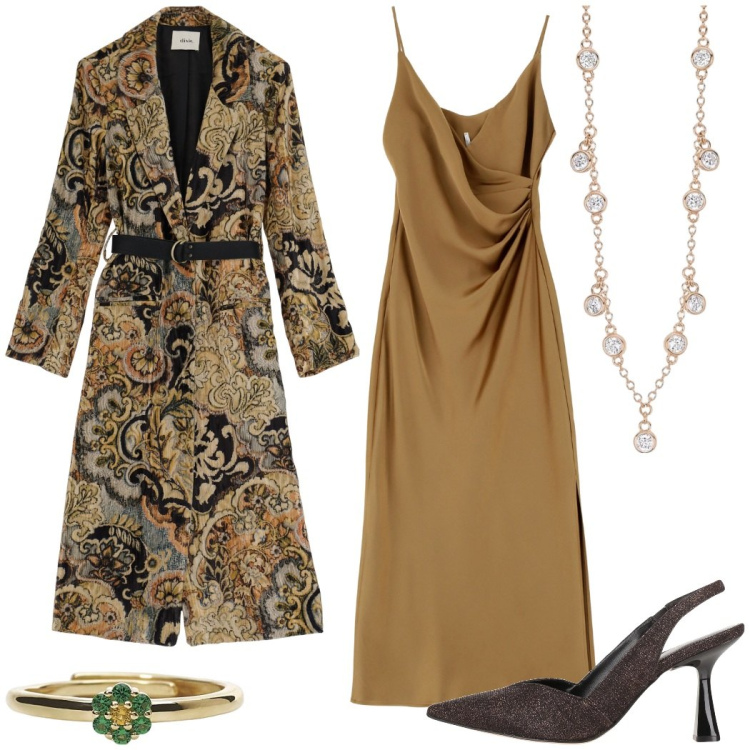 Outfit donna - Il trench da sera. Stile Glamour per Serata fuori. Abbinamento con décolleté, anelli, collane, vestiti midi/longuette, trench.