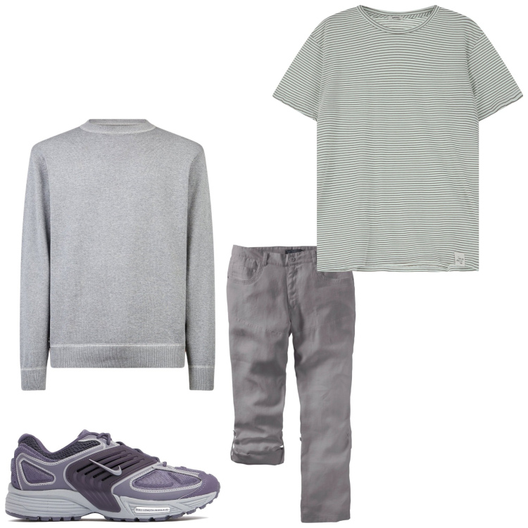 Outfit uomo - Grigio casual. Stile Casual per Tutti i giorni. Abbinamento con pantaloni, t-shirt, maglieria, sneakers.