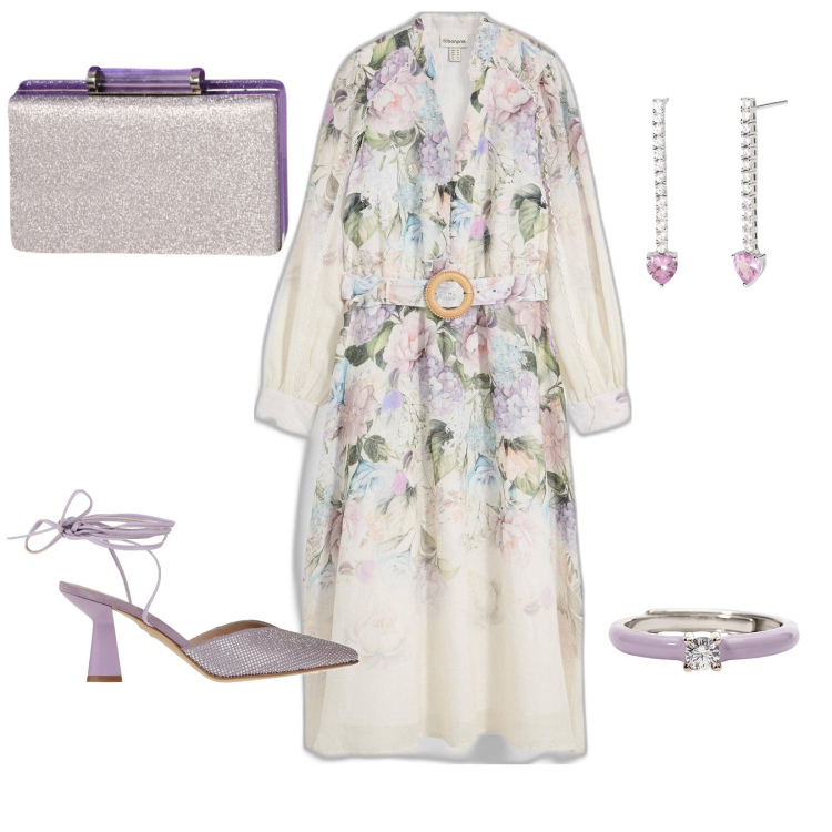 Outfit donna - I fiori della primavera. Abbinamento con vestiti midi/longuette, décolleté, anelli, orecchini, pochette.