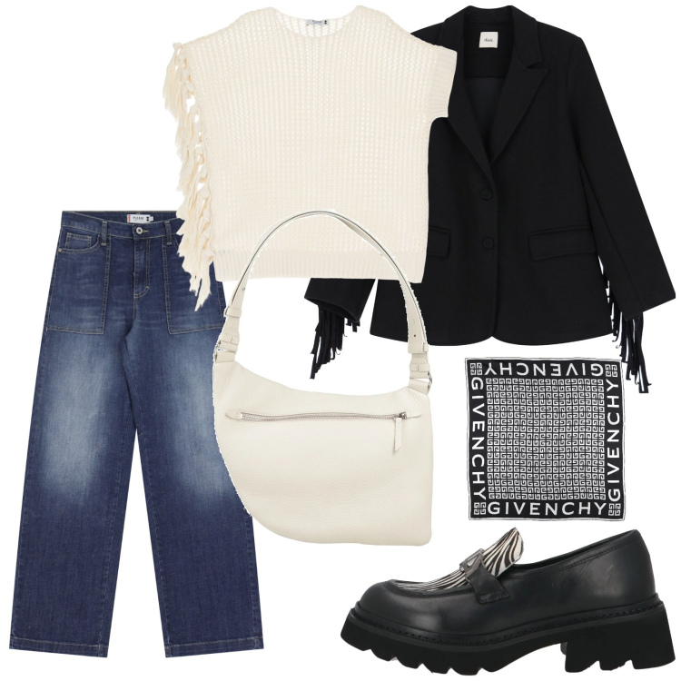 Outfit donna - Frange. Stile Trendy per Tutti i giorni. Abbinamento con mocassini, borse a tracolla, sciarpe, jeans, maglieria, blazer.