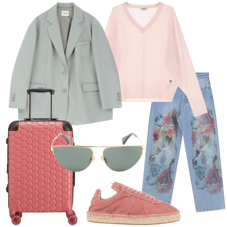 Outfit donna - Weekend di primavera. Stile Trendy per Tutti i giorni. Abbinamento con espadrillas, jeans dritti, blazer, pullovers, occhiali da sole, valigie.