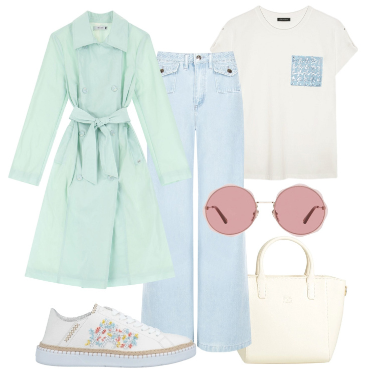 Outfit donna - Basica pastello. Stile Urban per Tutti i giorni. Abbinamento con sneakers, borse a mano, occhiali da sole, jeans dritti, trench, t-shirt.