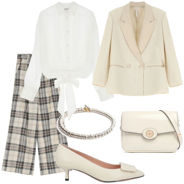 Outfit donna - Relatrice. Stile Bon Ton per Ufficio. Abbinamento con décolleté, blazer, pantaloni, camicie, braccialetti, borse a spalla.