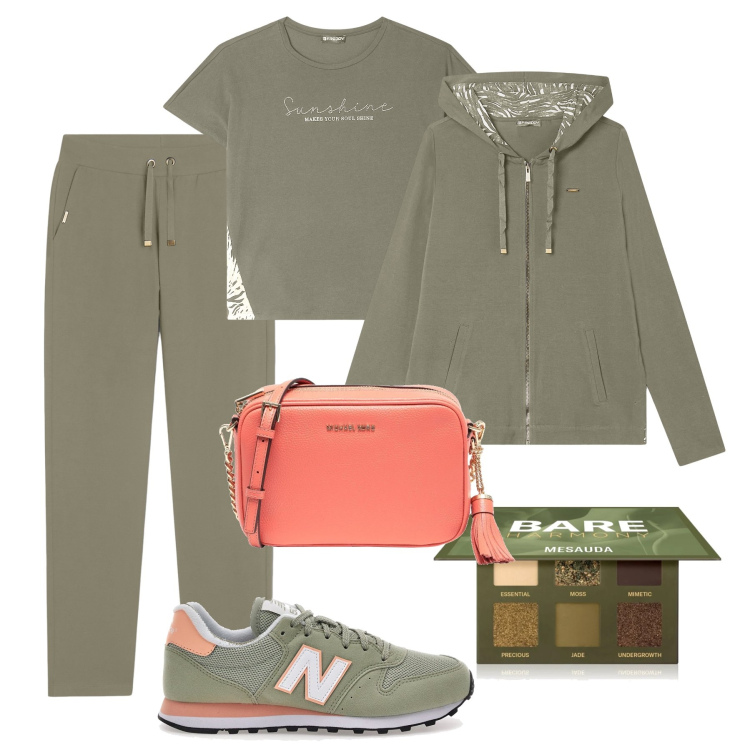 Outfit donna - Giornata sportiva verde salvia. Stile Casual per Tutti i giorni. Abbinamento con borse a tracolla, ombretti, pantaloni sportivi, felpe con cappuccio, t-shirt, sneakers.