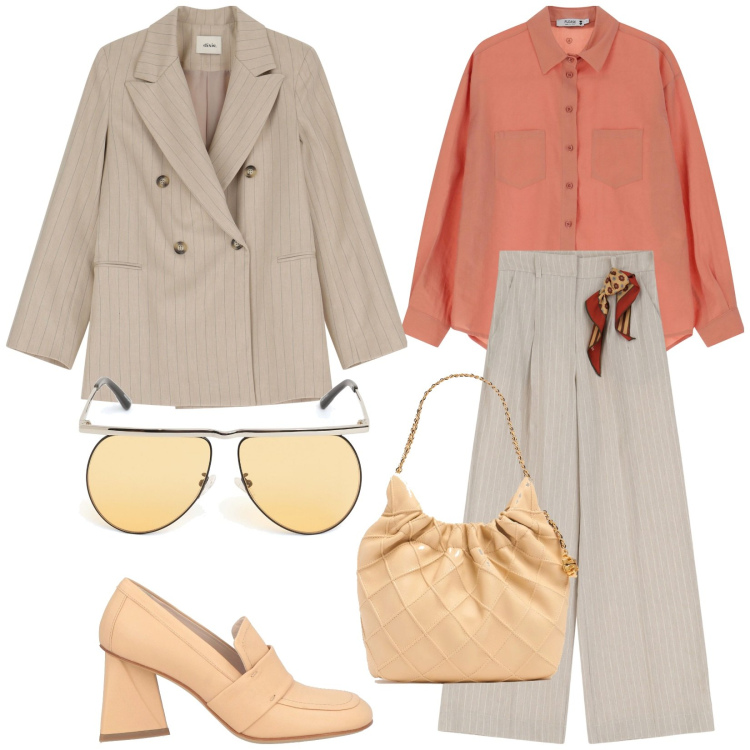 Outfit donna - Total look #2086157. Stile 70s per Tutti i giorni. Abbinamento con mocassini, camicie, blazer, pantaloni a palazzo, occhiali da sole, borse a spalla.
