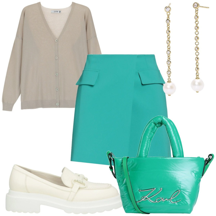 Outfit donna - Total look #2086172. Stile Trendy per Tutti i giorni. Abbinamento con mocassini, minigonne, borse a mano, orecchini, cardigans.