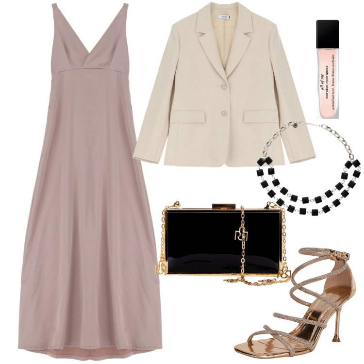 Outfit donna - Elegante in primavera. Stile Chic per Cerimonia. Abbinamento con profumi, sandali col tacco, vestiti lunghi, blazer, pochette, collane.