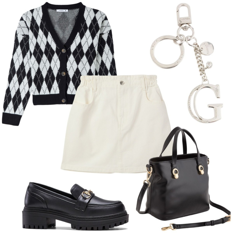 Outfit donna - Total look #2086179. Stile Trendy per Tutti i giorni. Abbinamento con mocassini, minigonne, cardigans, borse a mano, portachiavi.