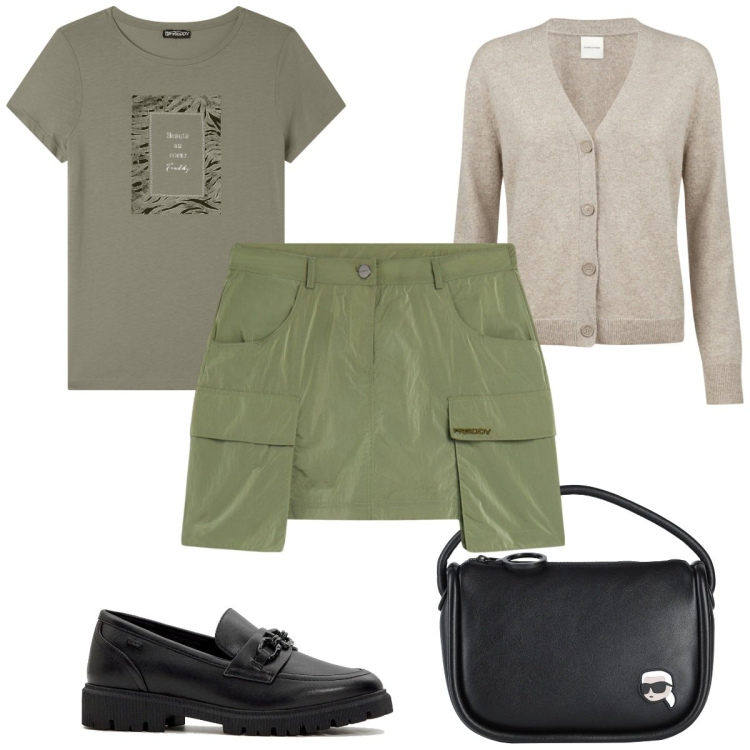 Outfit donna - Total look #2086182. Stile Military per Tutti i giorni. Abbinamento con mocassini, borse a mano, minigonne, t-shirt, cardigans.