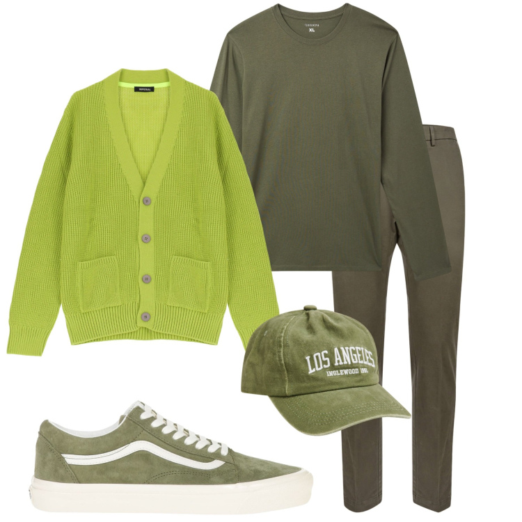 Outfit uomo - Colori accesi. Stile Casual per Tutti i giorni. Abbinamento con sneakers, t-shirt, cappelli, cardigans, pantaloni chino.