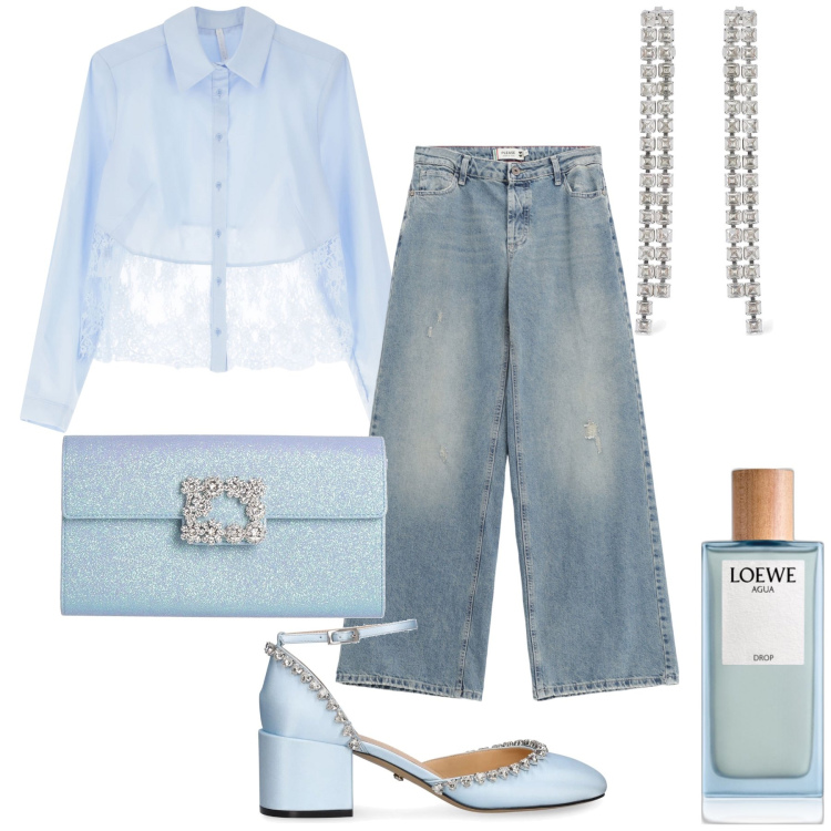 Outfit donna - Dress code jeans. Stile Glamour per Cerimonia. Abbinamento con borse a mano, profumi, jeans, camicie, décolleté, orecchini.