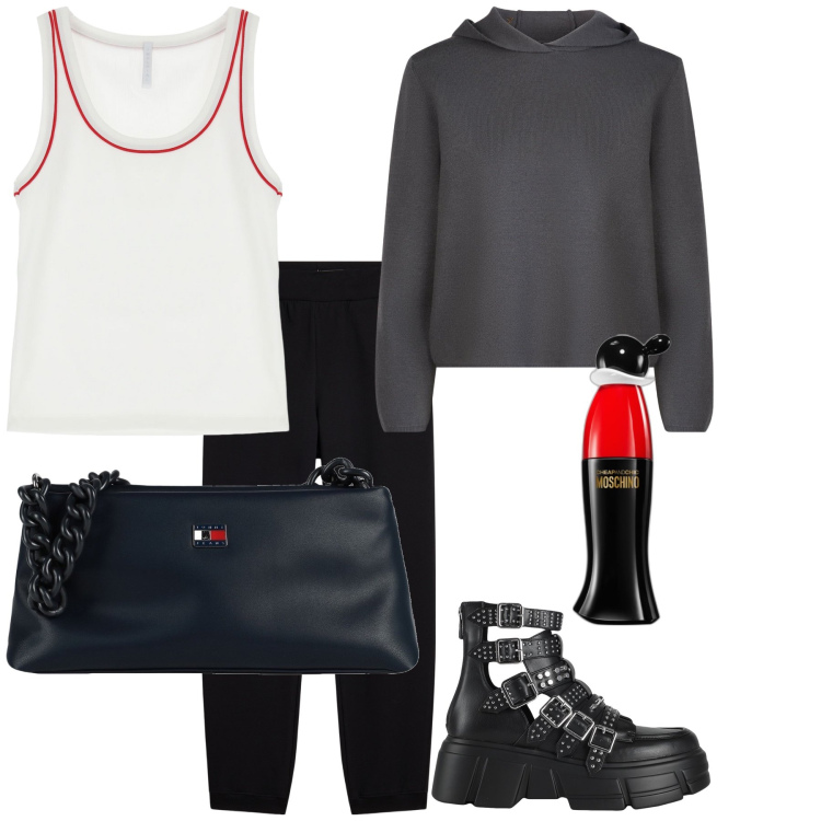 Outfit donna - Mezza stagione. Stile Casual chic per Tutti i giorni. Abbinamento con borse a mano, stivaletti, profumi, canottiere, pantaloni, maglieria.