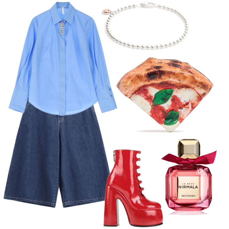 Outfit donna - Apericena con pizzette. Stile Trendy per Serata fuori. Abbinamento con stivaletti, profumi, bermuda, camicie, pochette, braccialetti.