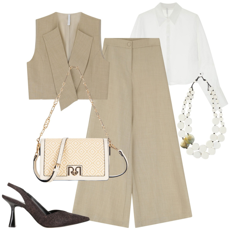 Outfit donna - City. Stile Urban per Tutti i giorni. Abbinamento con décolleté, borse a spalla, gilet, pantaloni, camicie, ciondoli.