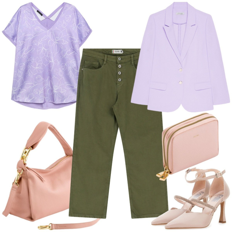 Outfit donna - I colori della rinascita. Stile Mannish per Ufficio. Abbinamento con pantaloni, blazer, décolleté, t-shirt, portafogli, borse a tracolla.