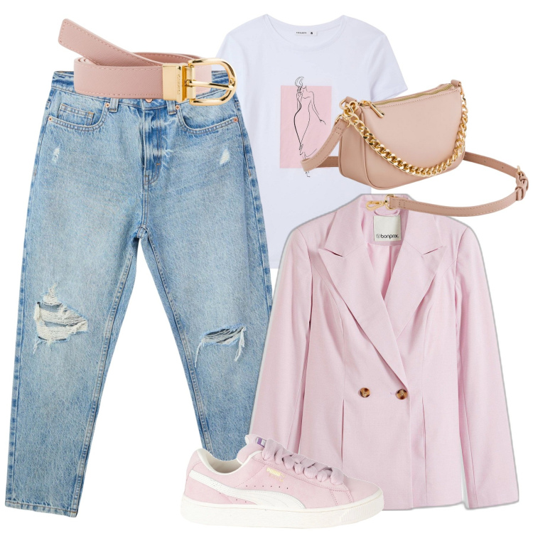 Outfit donna - City. Stile Casual per Tutti i giorni. Abbinamento con blazer, sneakers, jeans mom, t-shirt, borse a tracolla, cinture.