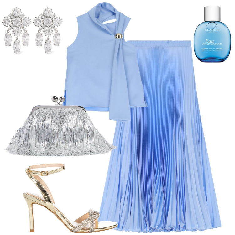 Outfit donna - Cerimonia. Stile Chic per Cerimonia. Abbinamento con profumi, sandali col tacco, gonne lunghe, top, pochette, orecchini.