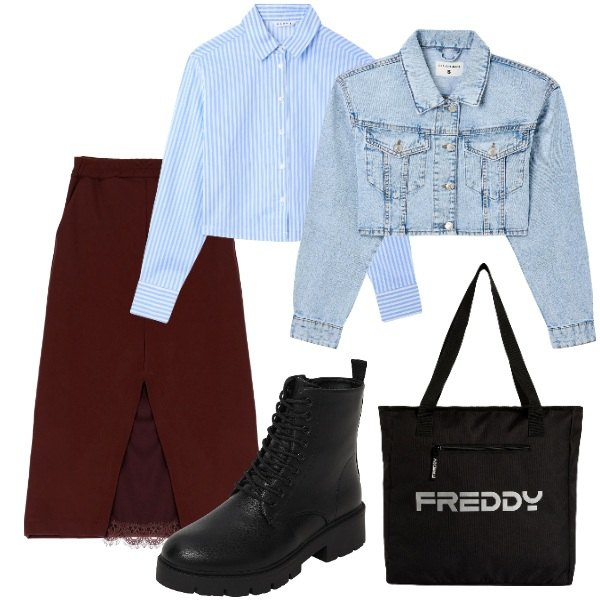 Outfit donna - A spasso per la città. Stile Trendy per Tutti i giorni. Abbinamento con camicie, blazer, anfibi, shopping bag, gonne.