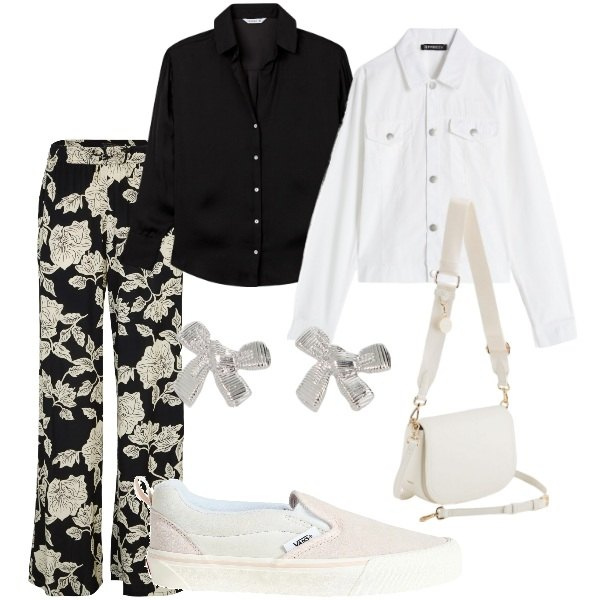 Outfit donna - A spasso per la città. Stile Trendy per Tutti i giorni. Abbinamento con pantaloni a palazzo, sneakers, camicie, orecchini, blazer, borse a tracolla.