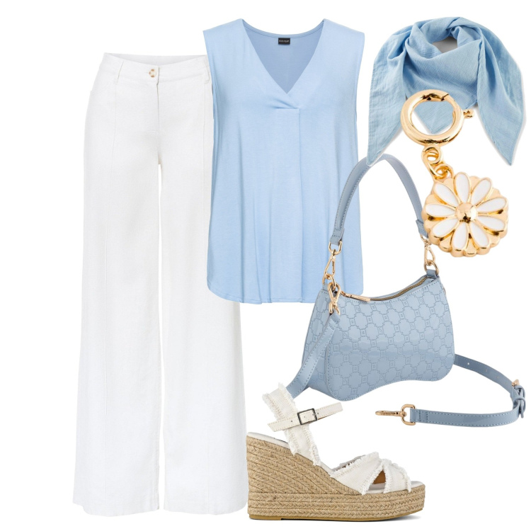 Outfit donna - City. Stile Urban per Tutti i giorni. Abbinamento con pantaloni a palazzo, top, foulard, sandali col tacco, borse a tracolla, portafogli.