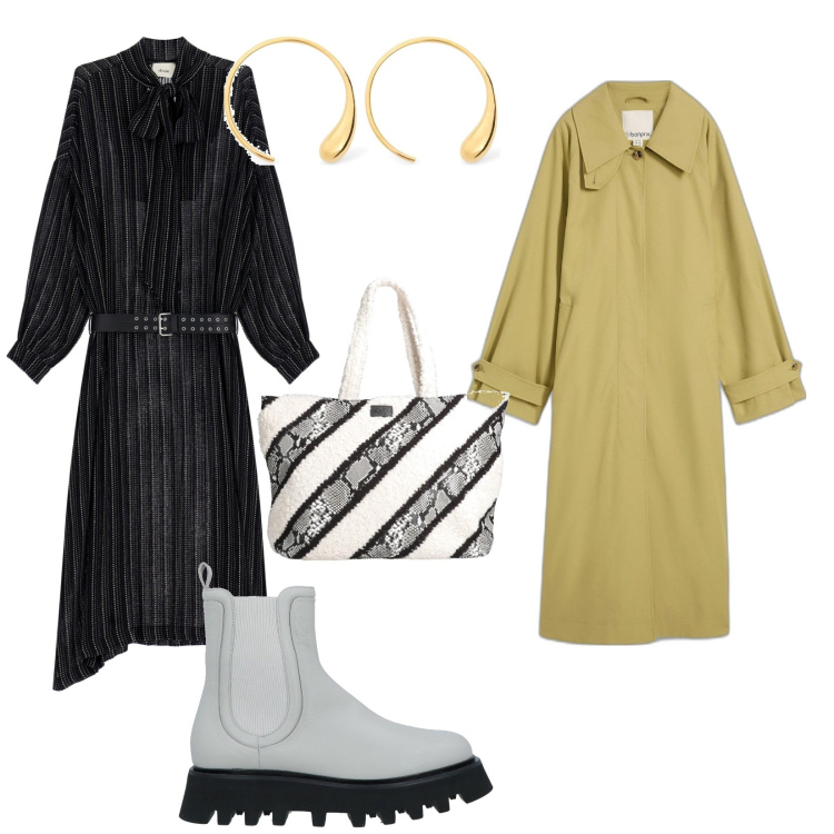 Outfit donna - A lavoro con la pioggia. per Ufficio. Abbinamento con trench, stivaletti chelsea, borse a mano, vestiti, orecchini.