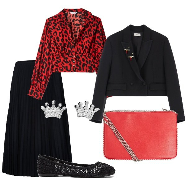 Outfit donna - Serata fuori. Stile Trendy per Serata fuori. Abbinamento con ballerine, borse a tracolla, bluse, orecchini, blazer, gonne longuette.