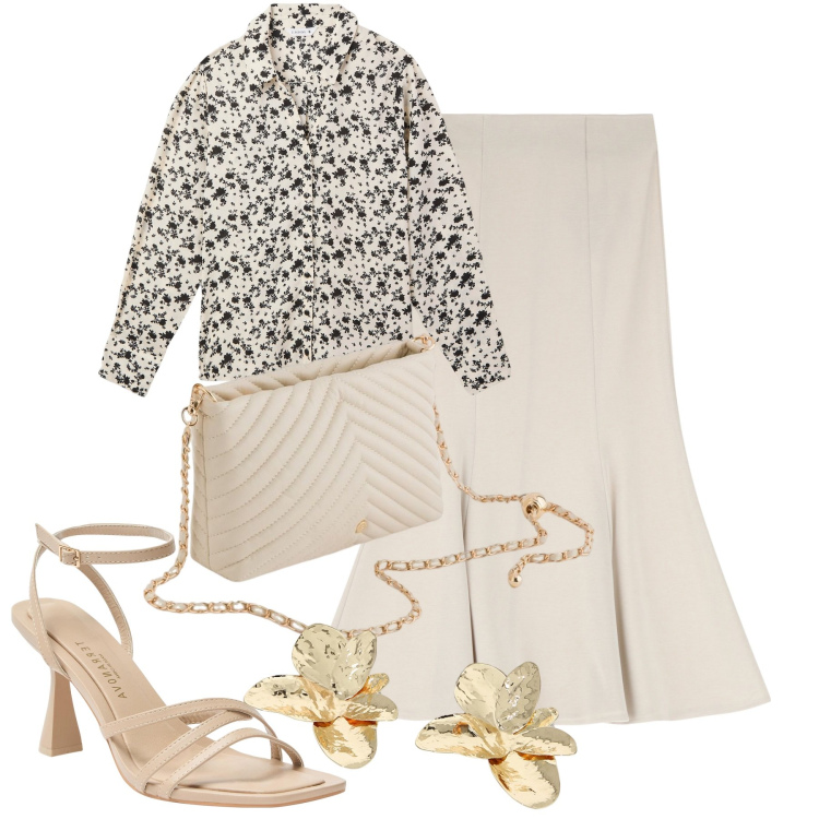 Outfit donna - City. Stile Urban per Tutti i giorni. Abbinamento con gonne, orecchini, sandali col tacco, camicie, borse a tracolla.