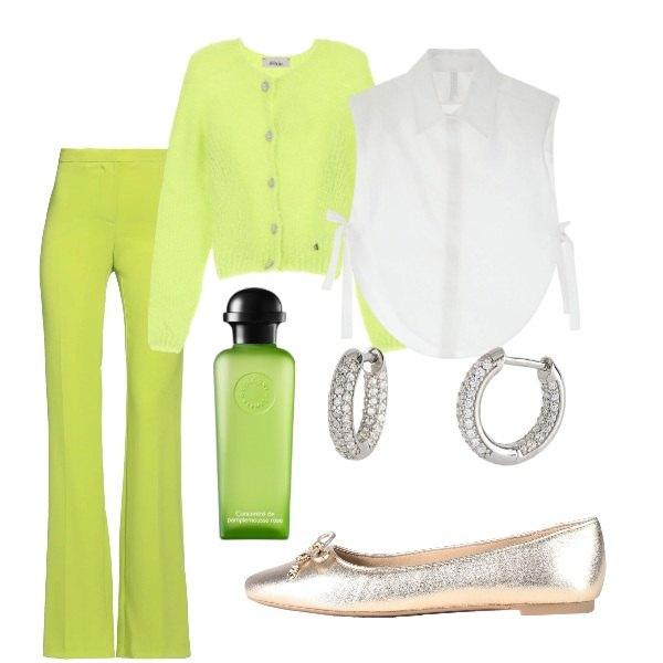 Outfit donna - Domenica mattina. Stile Trendy per Tutti i giorni. Abbinamento con pantaloni, ballerine, profumi, orecchini, camicie, cardigans.