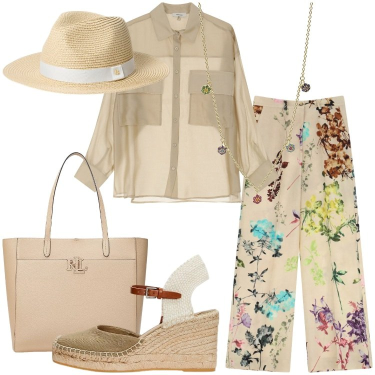 Outfit donna - Dixie - Sognando Siviglia SS25. Stile Romantica per Tutti i giorni. Abbinamento con ciondoli, pantaloni a palazzo, camicie, borse tote, espadrillas, cappelli.