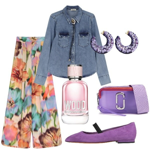 Outfit donna - Aspettando la primavera. Stile Trendy per Tutti i giorni. Abbinamento con ballerine, profumi, pantaloni a palazzo, camicie, borse a spalla, orecchini.