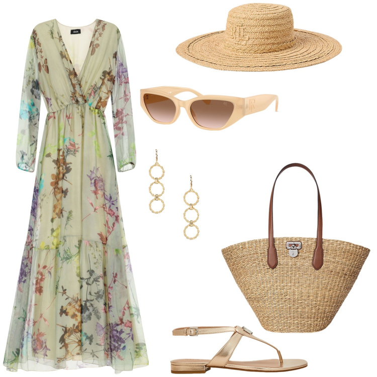 Outfit donna - Una giornata di sole. Stile Romantica per Mare. Abbinamento con vestiti lunghi, occhiali da sole, orecchini, sandali in pelle, borse tote, cappelli.