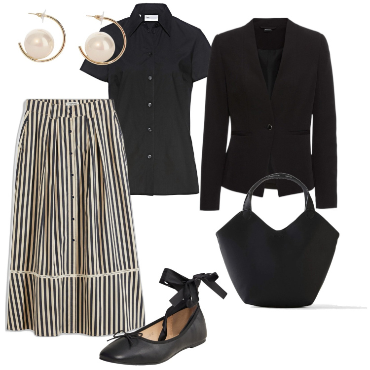 Outfit donna - Giornata frenetica. per Scuola/Università. Abbinamento con gonne lunghe, blazer, camicie a manica corta, borse a mano, ballerine, orecchini.