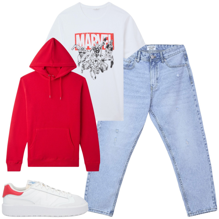 Outfit uomo - City. Stile Casual per Tutti i giorni. Abbinamento con sneakers, felpe con cappuccio, t-shirt, jeans strappati.